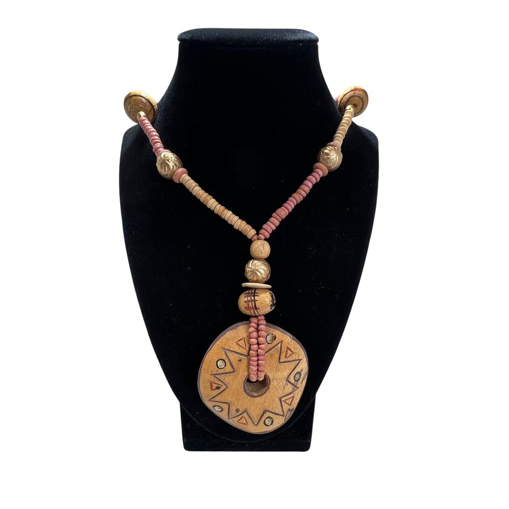 WOOD PENDANT Beaded Necklace Womens Pink Tan Tribal Boho Natural Statement